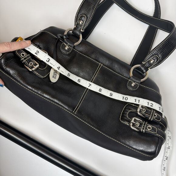 Franco Sarto Purse Black Leather Satchel Hand Shoulder Bag Buckles CUTE - Picture 14 of 16